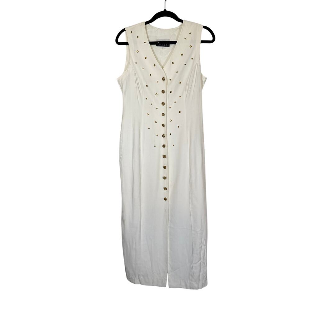 Vintage 80s White Gold Button Sleeveless Dress Sheath Midi Size 5/6 Cinch Waist